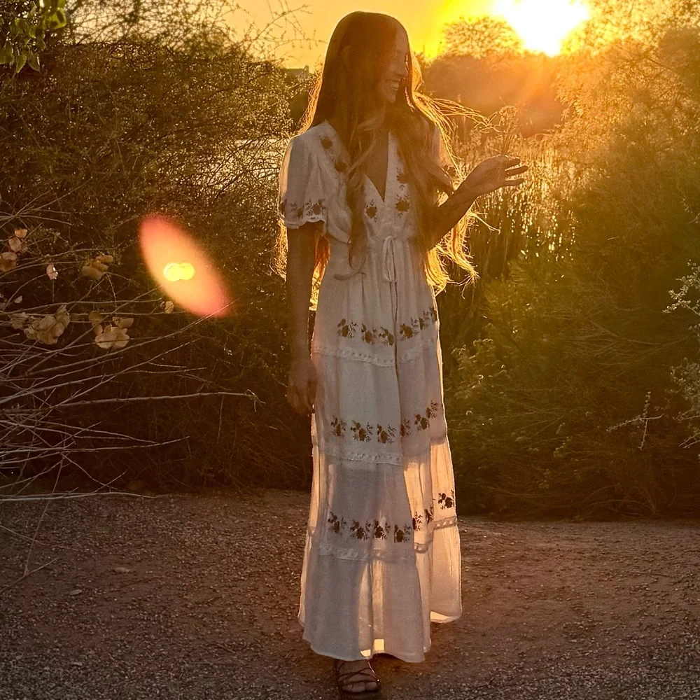Baevely Bohemian Floral Neutral Tiered Maxi Dress - Picture 1 of 6
